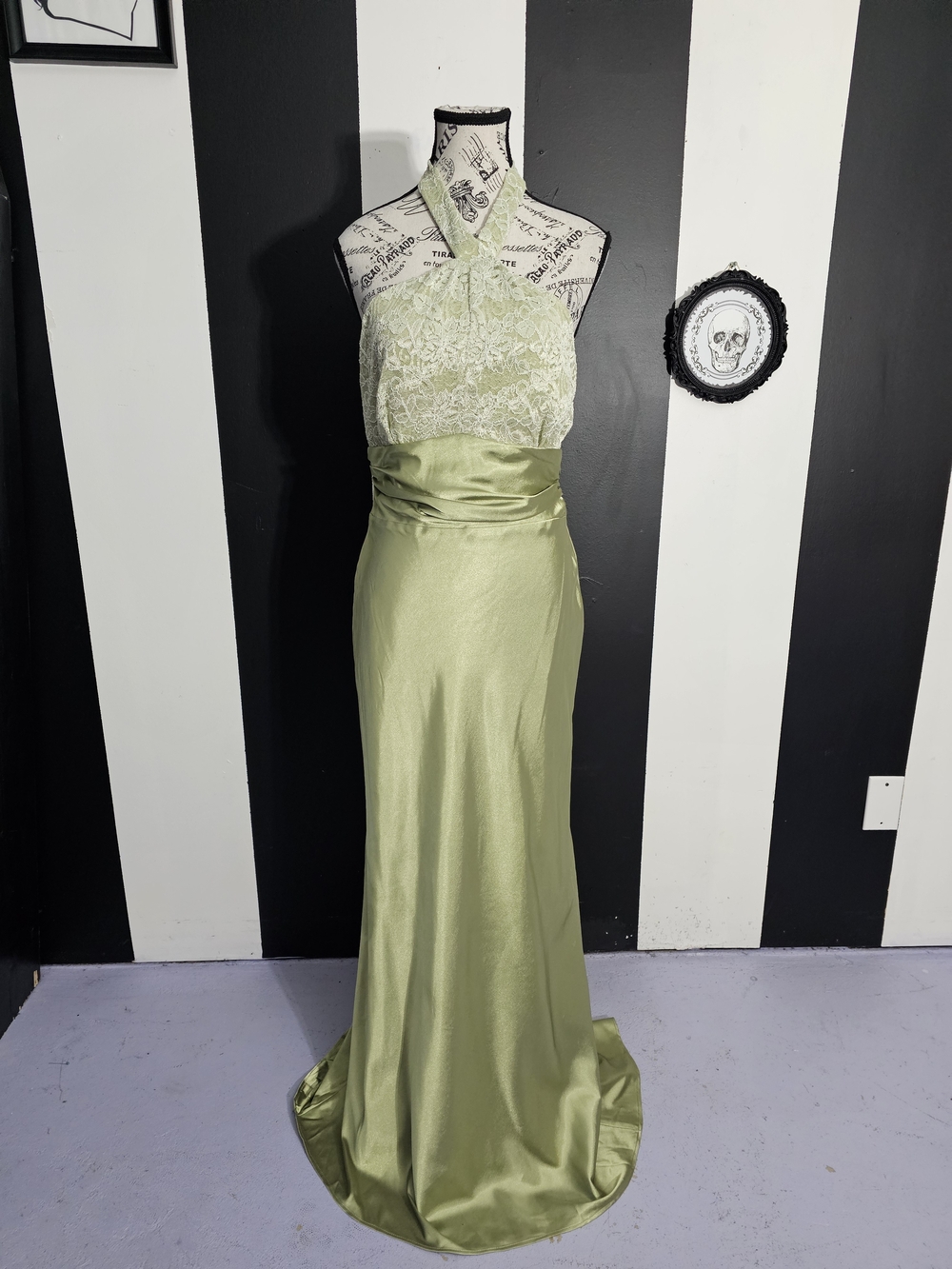Y2k Halter Lace Bodice Satin Maxi Dress in Light Green